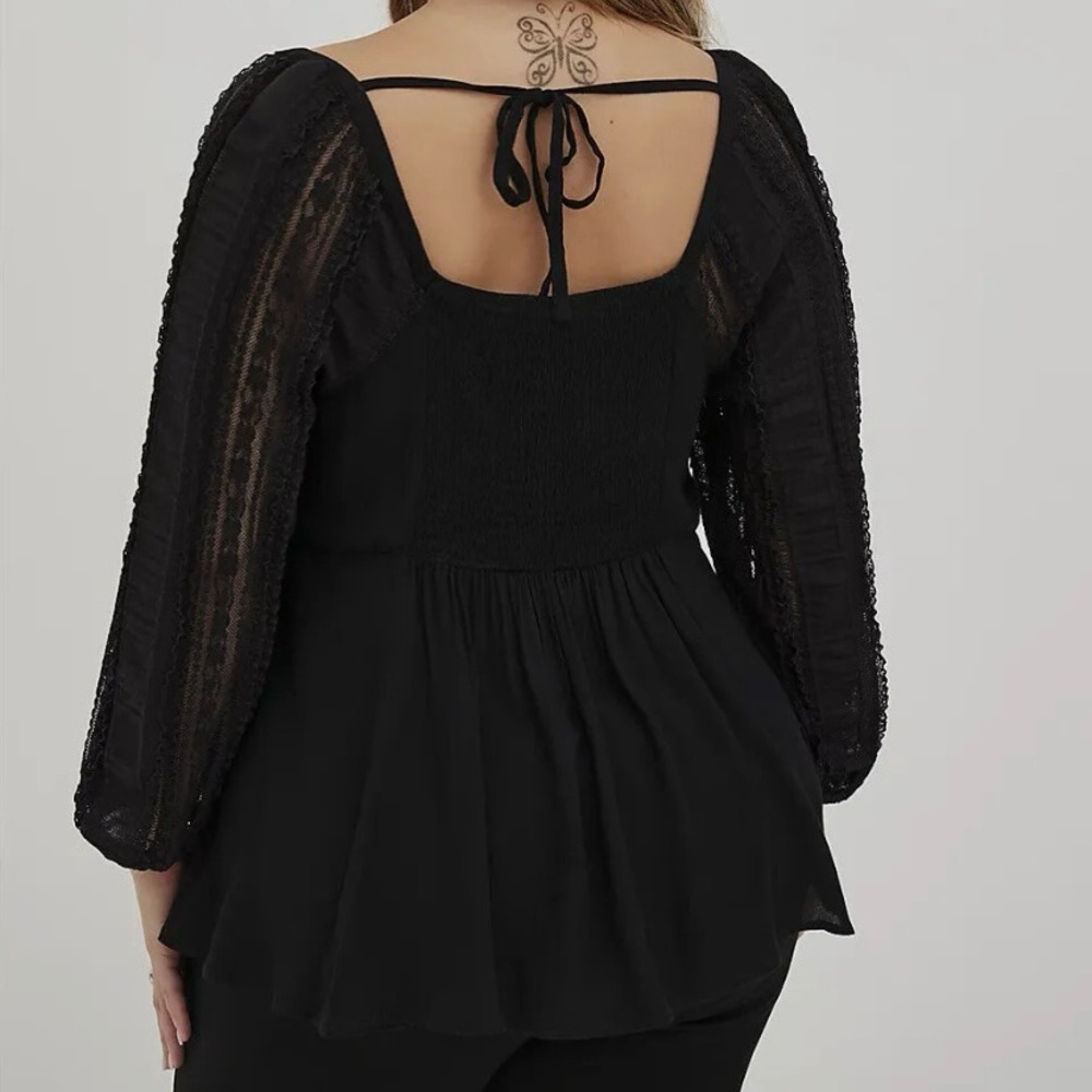 Torrid Black Tie Front Peplum Blouse Gauze Lace Sleeve - Picture 10 of 11